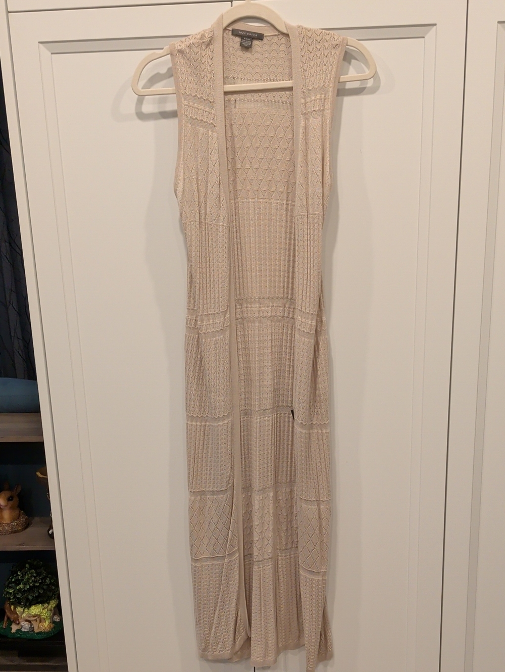 Suzy Shier Sleeveless Open Knit Maxi Vest- Beige